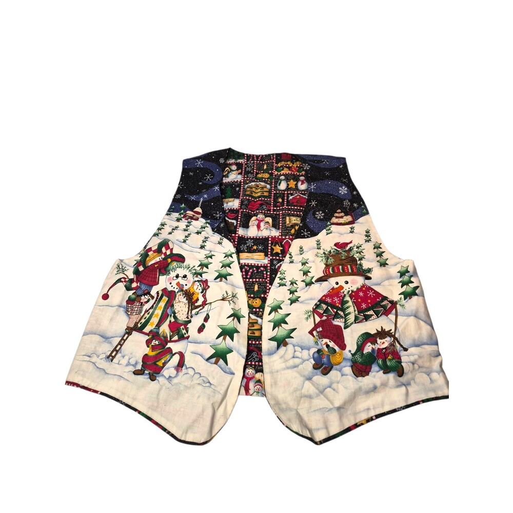Hand Sewn Christmas Winter Vest Women's Medium Reversible Snowmen Snowflakes